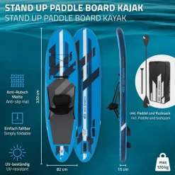 Stand Up Paddle aufblasbares SUP Board mit Kajak Sitz 320x82x15 cm in Blau aus PVC inkl. Pumpe und Tragetasche-ECD Germany Sale