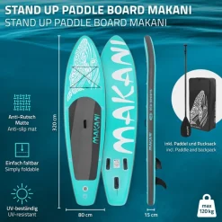 Stand Up Paddle aufblasbares SUP Board Makani 320x80x15 cm in Türkis aus PVC inkl. Pumpe und Tragetasche-ECD Germany Clearance