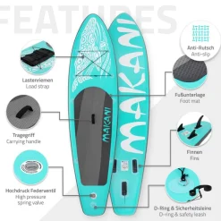 Stand Up Paddle aufblasbares SUP Board Makani 320x80x15 cm in Türkis aus PVC inkl. Pumpe und Tragetasche-ECD Germany Clearance