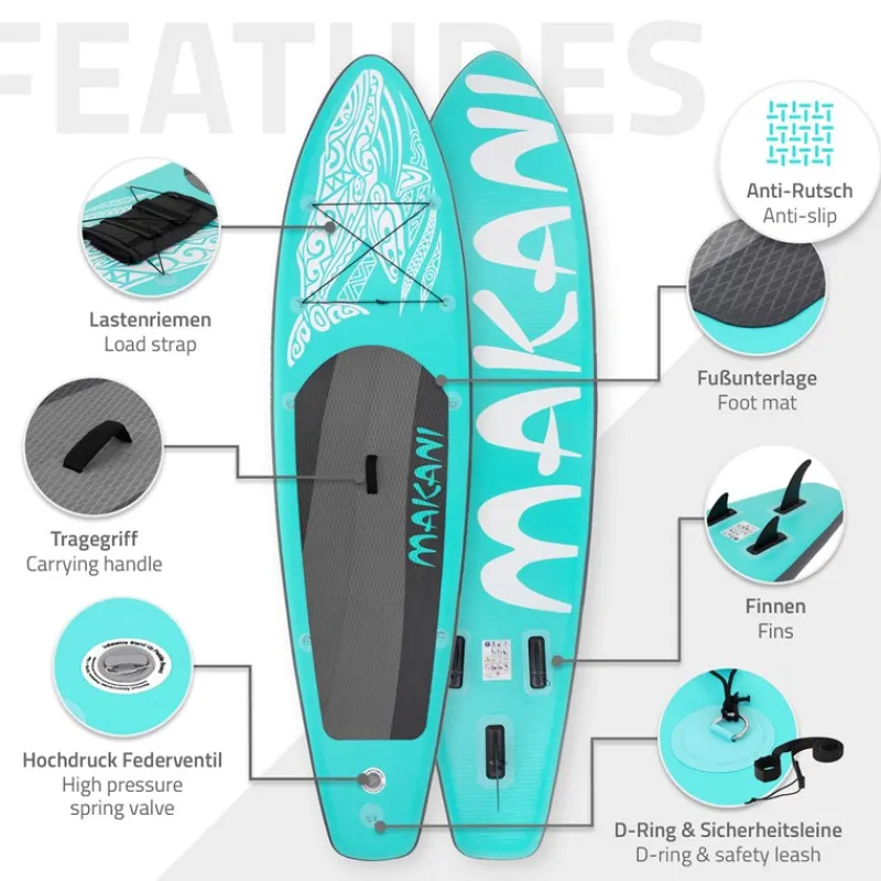 Stand Up Paddle aufblasbares SUP Board Makani 320x80x15 cm in Türkis aus PVC inkl. Pumpe und Tragetasche-ECD Germany Clearance