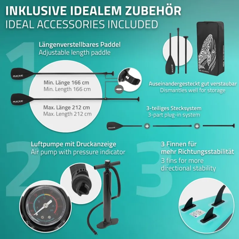 Stand Up Paddle aufblasbares SUP Board Makani 320x80x15 cm in Türkis aus PVC inkl. Pumpe und Tragetasche-ECD Germany Clearance
