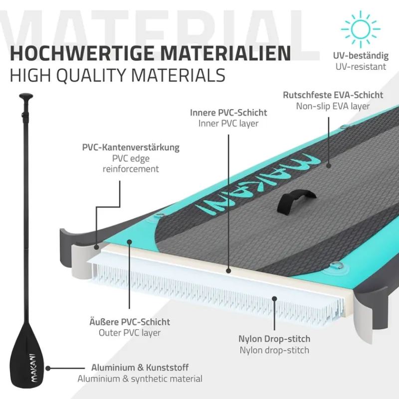 Stand Up Paddle aufblasbares SUP Board Makani 320x80x15 cm in Türkis aus PVC inkl. Pumpe und Tragetasche-ECD Germany Clearance