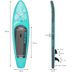 Stand Up Paddle aufblasbares SUP Board Makani 320x80x15 cm in Türkis aus PVC inkl. Pumpe und Tragetasche-ECD Germany Clearance