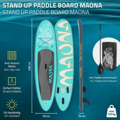 Stand Up Paddle aufblasbares SUP Board Maona 308x76x10 cm in Türkis aus PVC inkl. Pumpe und Tragetasche-ECD Germany Outlet