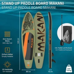 Stand Up Paddle aufblasbares SUP Board Makani 320x80x15 cm in Olive aus PVC inkl. Pumpe und Tragetasche-ECD Germany