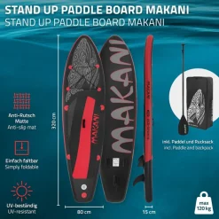 Stand Up Paddle aufblasbares SUP Board Makani 320x80x15 cm in Schwarz/Rot aus PVC inkl. Pumpe und Tragetasche-ECD Germany Clearance
