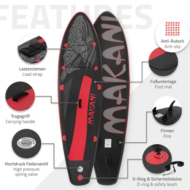 Stand Up Paddle aufblasbares SUP Board Makani 320x80x15 cm in Schwarz/Rot aus PVC inkl. Pumpe und Tragetasche-ECD Germany Clearance