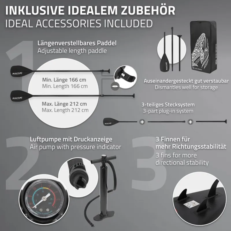 Stand Up Paddle aufblasbares SUP Board Makani 320x80x15 cm in Schwarz/Rot aus PVC inkl. Pumpe und Tragetasche-ECD Germany Clearance