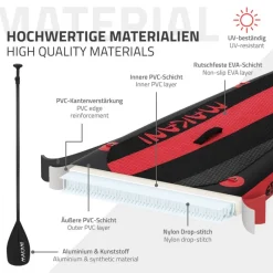 Stand Up Paddle aufblasbares SUP Board Makani 320x80x15 cm in Schwarz/Rot aus PVC inkl. Pumpe und Tragetasche-ECD Germany Clearance