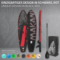 Stand Up Paddle aufblasbares SUP Board Makani 320x80x15 cm in Schwarz/Rot aus PVC inkl. Pumpe und Tragetasche-ECD Germany Clearance
