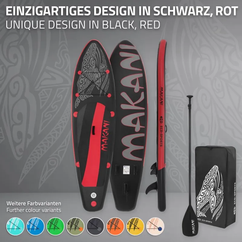 Stand Up Paddle aufblasbares SUP Board Makani 320x80x15 cm in Schwarz/Rot aus PVC inkl. Pumpe und Tragetasche-ECD Germany Clearance
