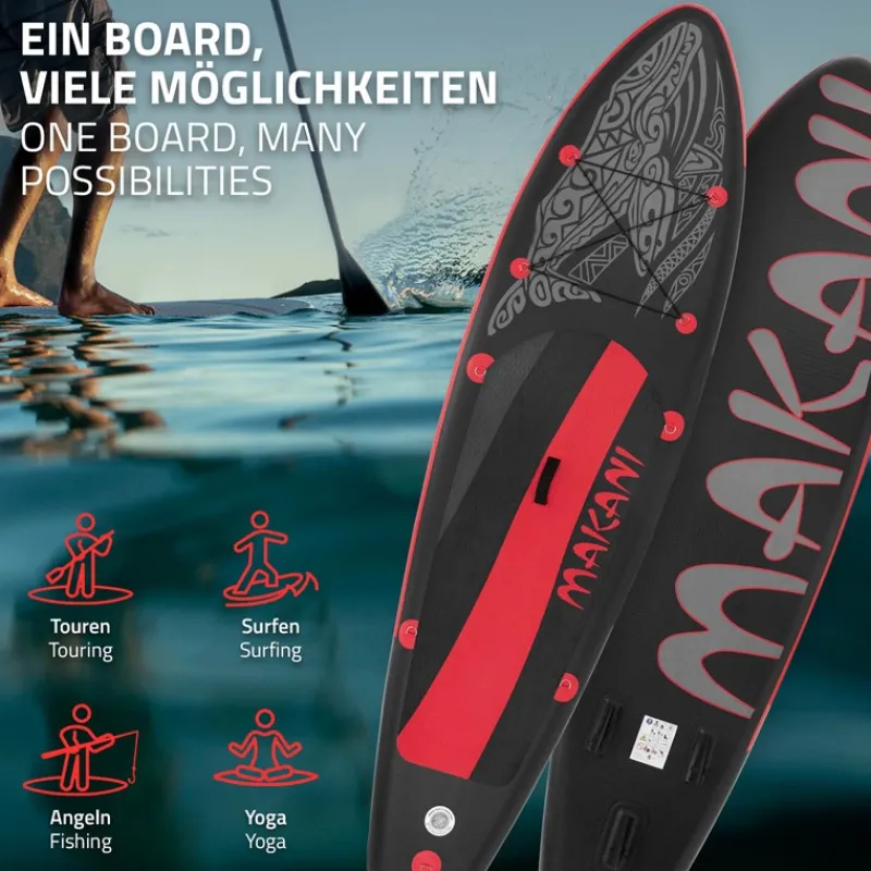 Stand Up Paddle aufblasbares SUP Board Makani 320x80x15 cm in Schwarz/Rot aus PVC inkl. Pumpe und Tragetasche-ECD Germany Clearance