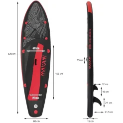 Stand Up Paddle aufblasbares SUP Board Makani 320x80x15 cm in Schwarz/Rot aus PVC inkl. Pumpe und Tragetasche-ECD Germany Clearance