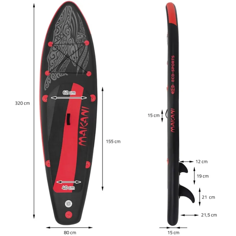 Stand Up Paddle aufblasbares SUP Board Makani 320x80x15 cm in Schwarz/Rot aus PVC inkl. Pumpe und Tragetasche-ECD Germany Clearance