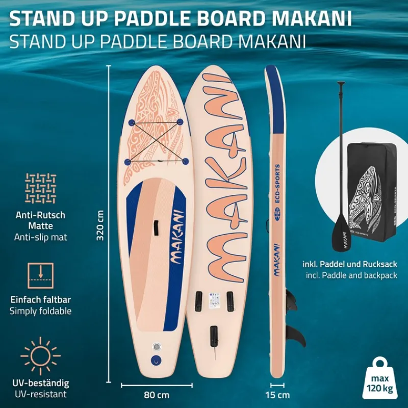 Stand Up Paddle aufblasbares SUP Board Makani 320x80x15 cm in Apricot aus PVC inkl. Pumpe und Tragetasche-ECD Germany Online