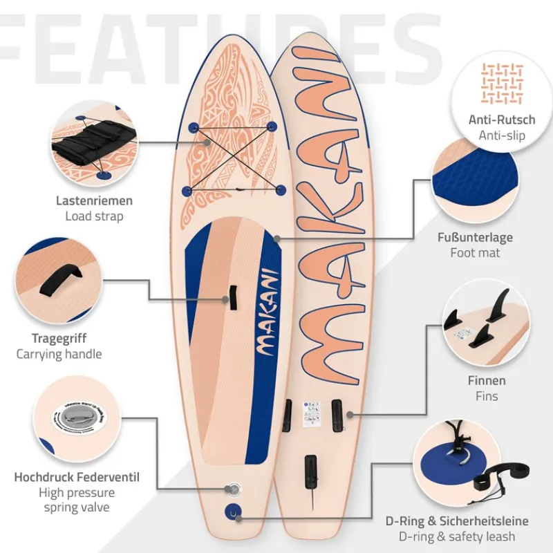 Stand Up Paddle aufblasbares SUP Board Makani 320x80x15 cm in Apricot aus PVC inkl. Pumpe und Tragetasche-ECD Germany Online