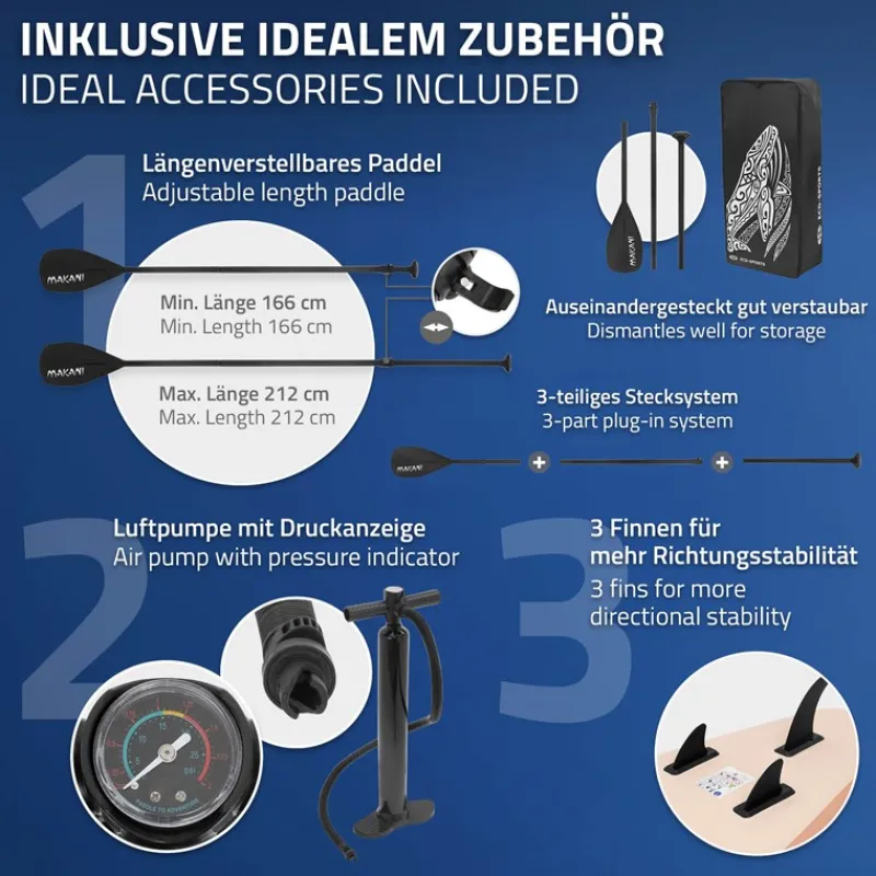 Stand Up Paddle aufblasbares SUP Board Makani 320x80x15 cm in Apricot aus PVC inkl. Pumpe und Tragetasche-ECD Germany Online