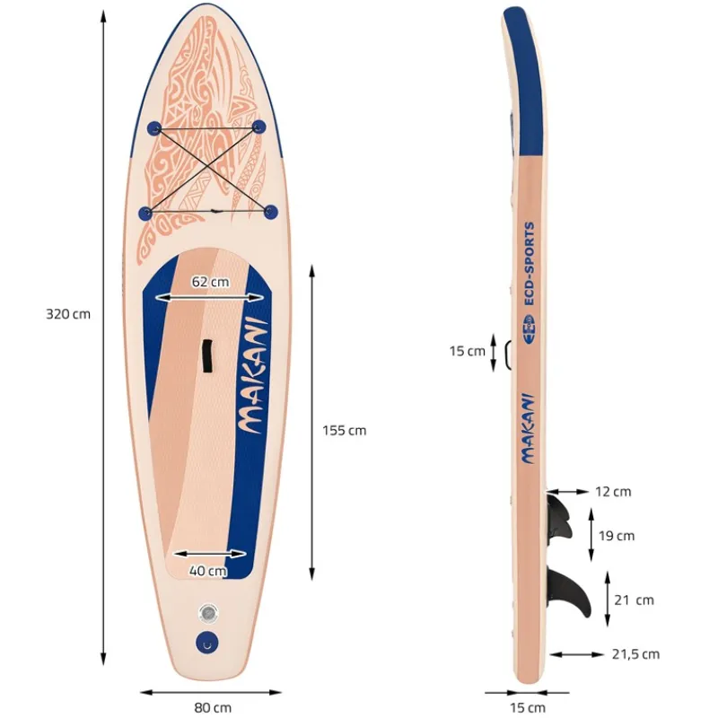 Stand Up Paddle aufblasbares SUP Board Makani 320x80x15 cm in Apricot aus PVC inkl. Pumpe und Tragetasche-ECD Germany Online