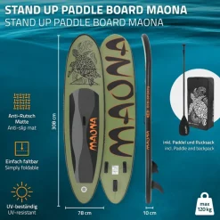 Stand Up Paddle aufblasbares SUP Board Maona 308x76x10 cm in Olive aus PVC inkl. Pumpe und Tragetasche-ECD Germany Sale