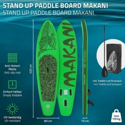 Stand Up Paddle aufblasbares SUP Board Makani 320x80x15 cm in Grün aus PVC inkl. Pumpe und Tragetasche-ECD Germany Discount
