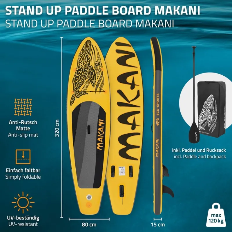 Stand Up Paddle aufblasbares SUP Board Makani 320x80x15 cm in Gelb aus PVC inkl. Pumpe und Tragetasche-ECD Germany Online