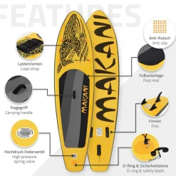 Stand Up Paddle aufblasbares SUP Board Makani 320x80x15 cm in Gelb aus PVC inkl. Pumpe und Tragetasche-ECD Germany Online