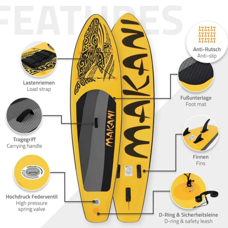 Stand Up Paddle aufblasbares SUP Board Makani 320x80x15 cm in Gelb aus PVC inkl. Pumpe und Tragetasche-ECD Germany Online