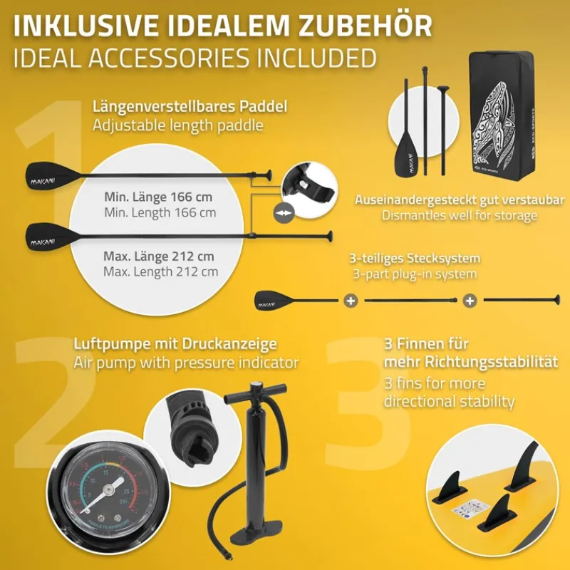 Stand Up Paddle aufblasbares SUP Board Makani 320x80x15 cm in Gelb aus PVC inkl. Pumpe und Tragetasche-ECD Germany Online