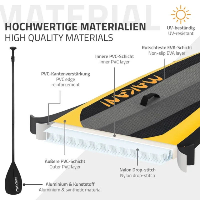 Stand Up Paddle aufblasbares SUP Board Makani 320x80x15 cm in Gelb aus PVC inkl. Pumpe und Tragetasche-ECD Germany Online