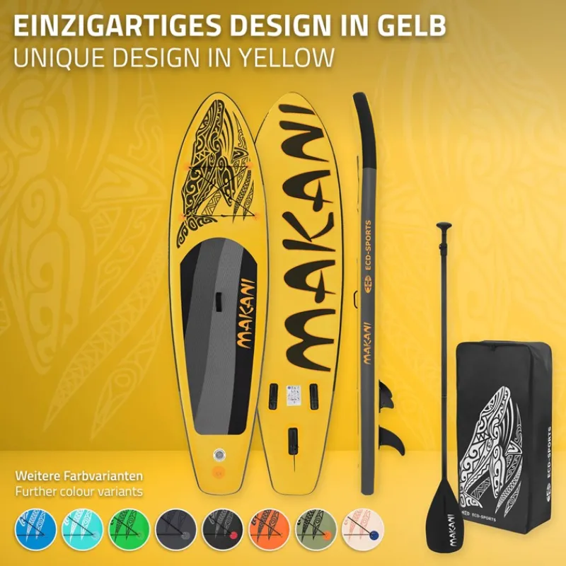 Stand Up Paddle aufblasbares SUP Board Makani 320x80x15 cm in Gelb aus PVC inkl. Pumpe und Tragetasche-ECD Germany Online