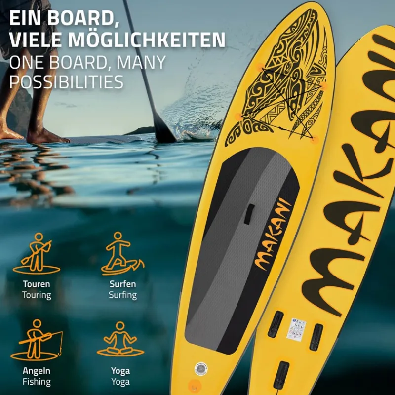 Stand Up Paddle aufblasbares SUP Board Makani 320x80x15 cm in Gelb aus PVC inkl. Pumpe und Tragetasche-ECD Germany Online