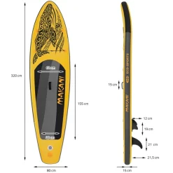 Stand Up Paddle aufblasbares SUP Board Makani 320x80x15 cm in Gelb aus PVC inkl. Pumpe und Tragetasche-ECD Germany Online