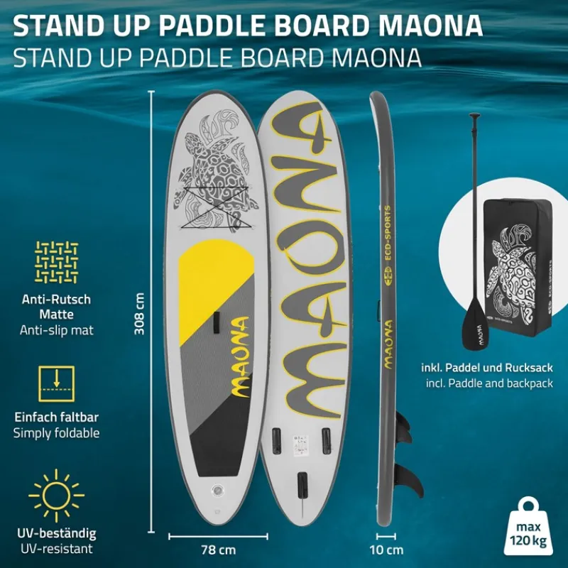 Stand Up Paddle aufblasbares SUP Board Maona 308x76x10 cm in Grau aus PVC inkl. Pumpe und Tragetasche-ECD Germany Best