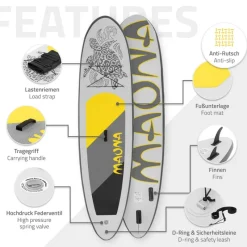 Stand Up Paddle aufblasbares SUP Board Maona 308x76x10 cm in Grau aus PVC inkl. Pumpe und Tragetasche-ECD Germany Best