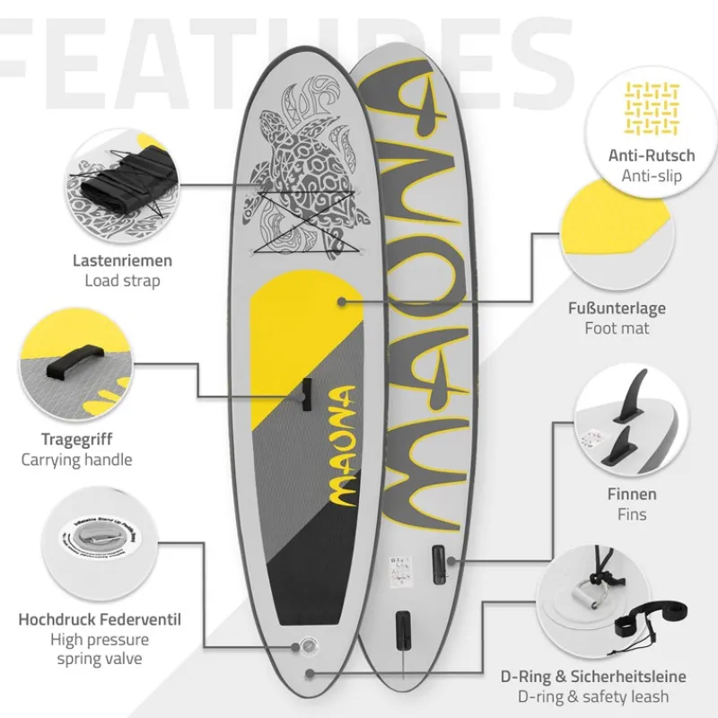 Stand Up Paddle aufblasbares SUP Board Maona 308x76x10 cm in Grau aus PVC inkl. Pumpe und Tragetasche-ECD Germany Best