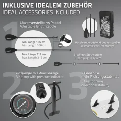 Stand Up Paddle aufblasbares SUP Board Maona 308x76x10 cm in Grau aus PVC inkl. Pumpe und Tragetasche-ECD Germany Best