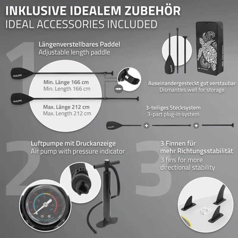 Stand Up Paddle aufblasbares SUP Board Maona 308x76x10 cm in Grau aus PVC inkl. Pumpe und Tragetasche-ECD Germany Best