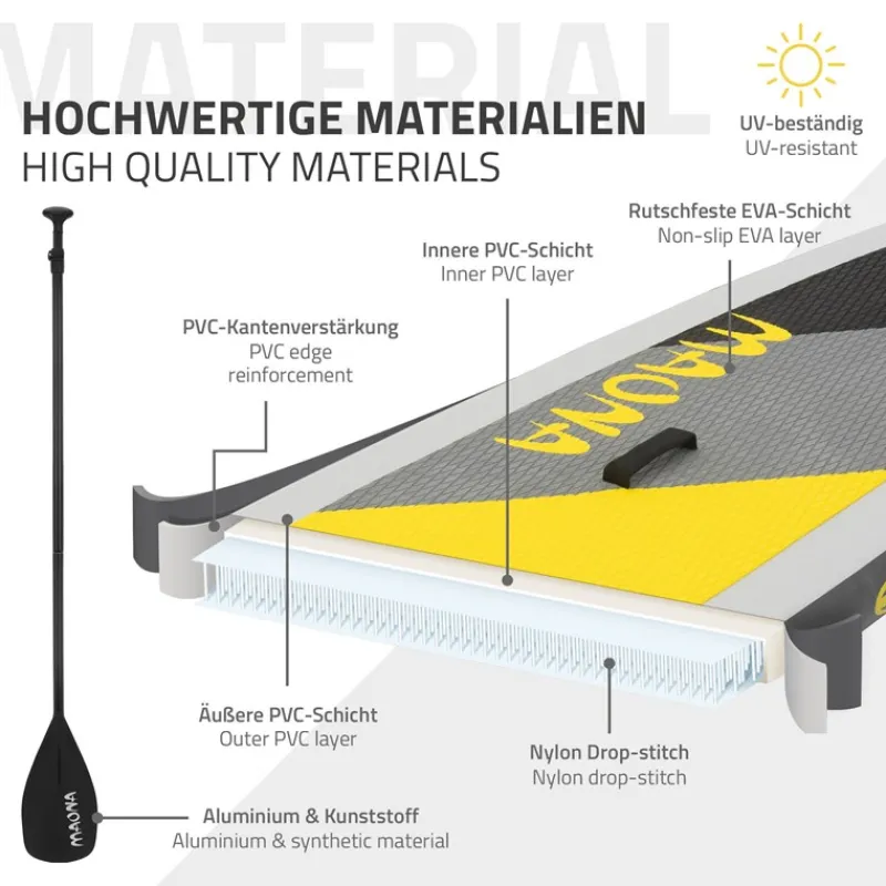 Stand Up Paddle aufblasbares SUP Board Maona 308x76x10 cm in Grau aus PVC inkl. Pumpe und Tragetasche-ECD Germany Best