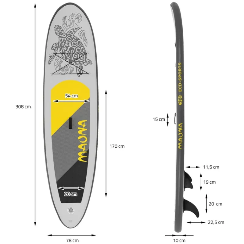 Stand Up Paddle aufblasbares SUP Board Maona 308x76x10 cm in Grau aus PVC inkl. Pumpe und Tragetasche-ECD Germany Best