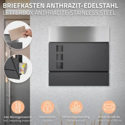 Standbriefkasten mit Zeitungsfach 37 cm Anthrazit inkl. Ständer 120 cm hoch Silber Briefkasten freistehend-ECD Germany Clearance