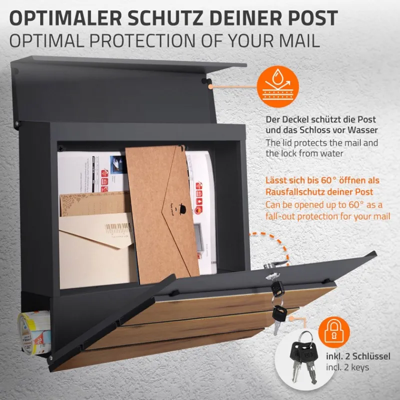 Standbriefkasten mit Zeitungsfach 37x37x11 cm Anthrazit/Holzoptik aus Stahl ML-Design, Modernes Diagonales Design, Standhöhe 120 cm Silber-ECD Germany Outlet