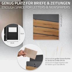 Standbriefkasten mit Zeitungsfach 37x37x11 cm Anthrazit/Holzoptik aus Stahl ML-Design, Modernes Diagonales Design, Standhöhe 120 cm Silber-ECD Germany Outlet