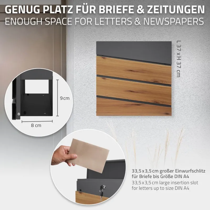 Standbriefkasten mit Zeitungsfach 37x37x11 cm Anthrazit/Holzoptik aus Stahl ML-Design, Modernes Diagonales Design, Standhöhe 120 cm Silber-ECD Germany Outlet