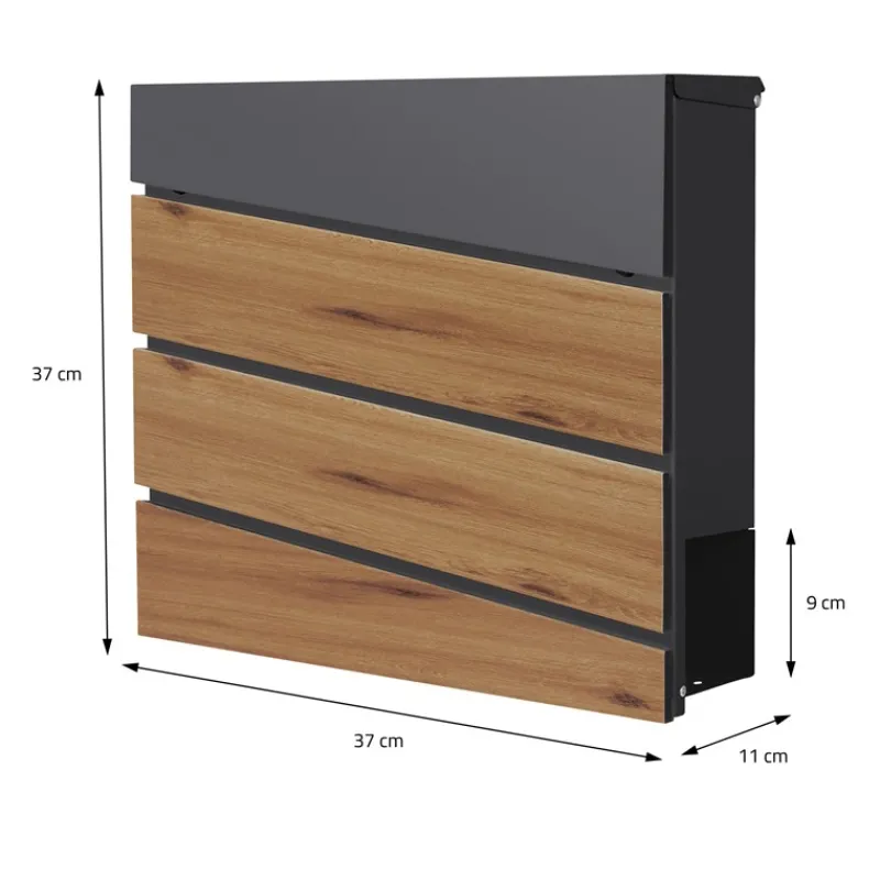 Standbriefkasten mit Zeitungsfach 37x37x11 cm Anthrazit/Holzoptik aus Stahl ML-Design, Modernes Diagonales Design, Standhöhe 120 cm Silber-ECD Germany Outlet