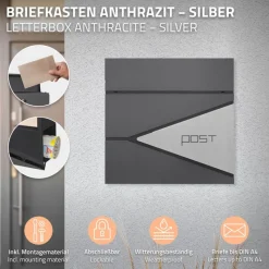 Standbriefkasten mit Zeitungsfach 37x37x11 cm Anthrazit/Silber aus Edelstahl ML-Design-ECD Germany Online