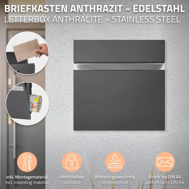 Standbriefkasten mit Zeitungsfach 37 cm Anthrazit inkl. Ständer 120 cm hoch Silber Briefkasten freistehend-ECD Germany Clearance