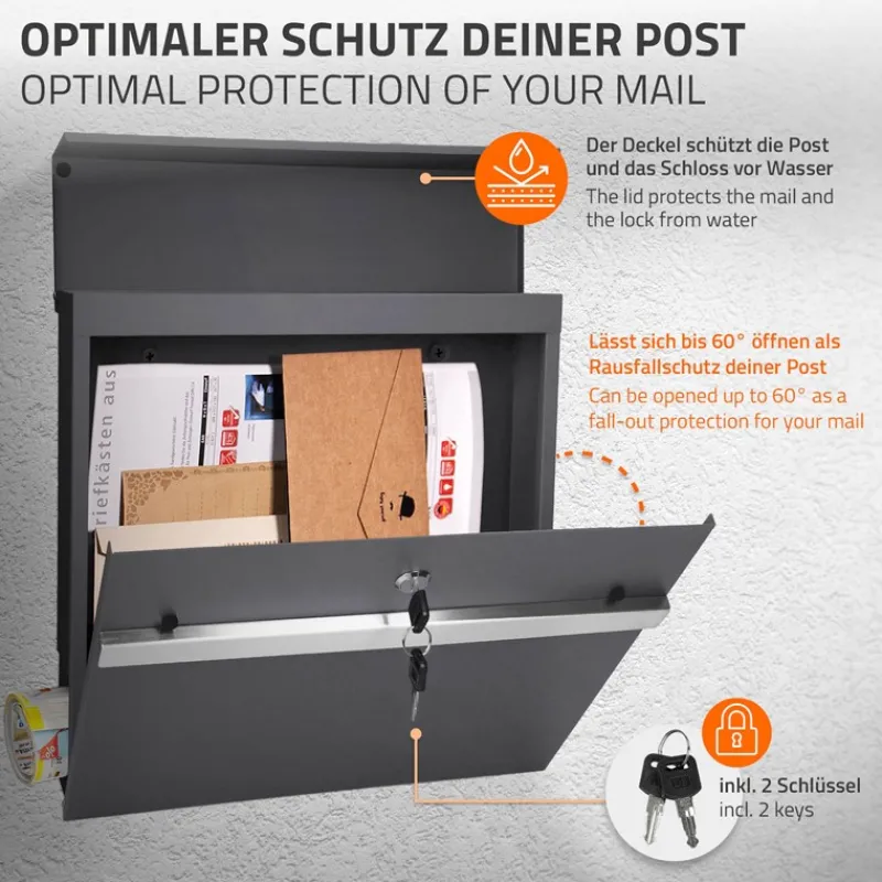 Standbriefkasten mit Zeitungsfach 37 cm Anthrazit inkl. Ständer 120 cm hoch Silber Briefkasten freistehend-ECD Germany Clearance