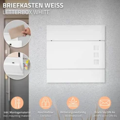 Standbriefkasten mit Zeitungsfach 37 cm Weiß inkl. Ständer 120 cm hoch Silber Briefkasten freistehend-ECD Germany Outlet