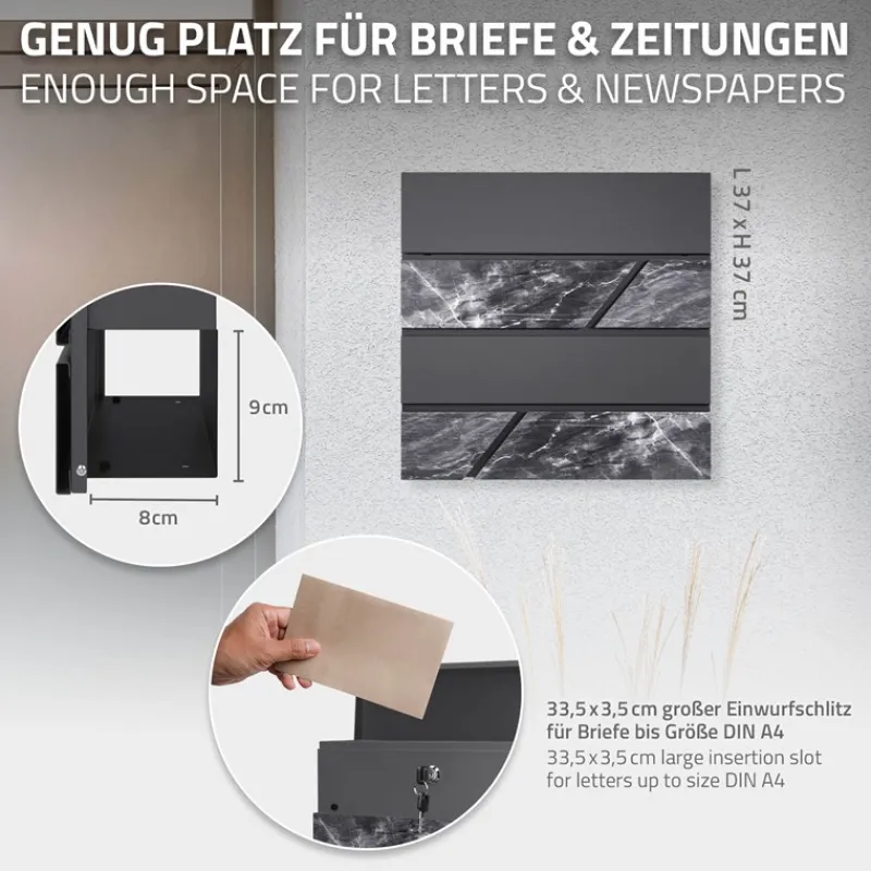 Standbriefkasten mit Zeitungsfach 37x37x11 cm Anthrazit/Marmoroptik aus Stahl ML-Design-ECD Germany Clearance