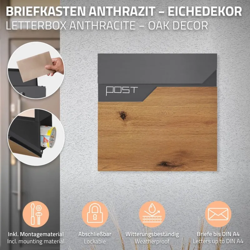 Standbriefkasten mit Zeitungsfach 37x37x11 cm Anthrazit/Holzoptik aus Edelstahl ML-Design-ECD Germany Online